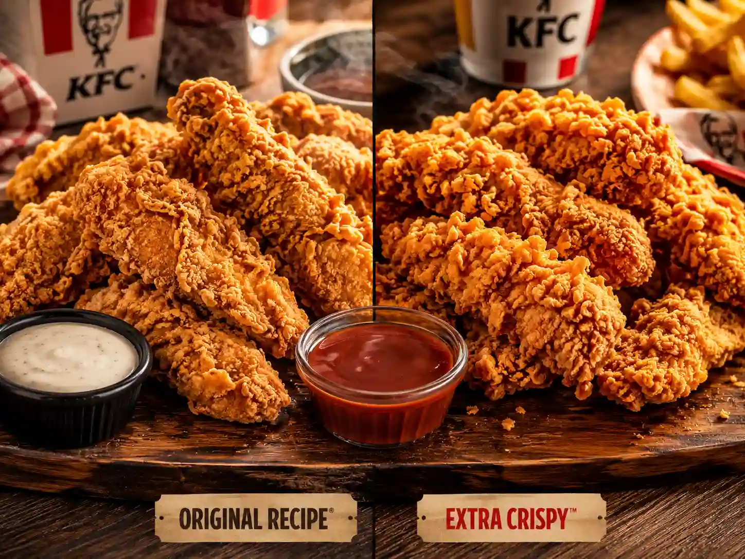 Side-by-side comparison of Original Recipe and Extra Crispy KFC chicken tenders with dipping sauces