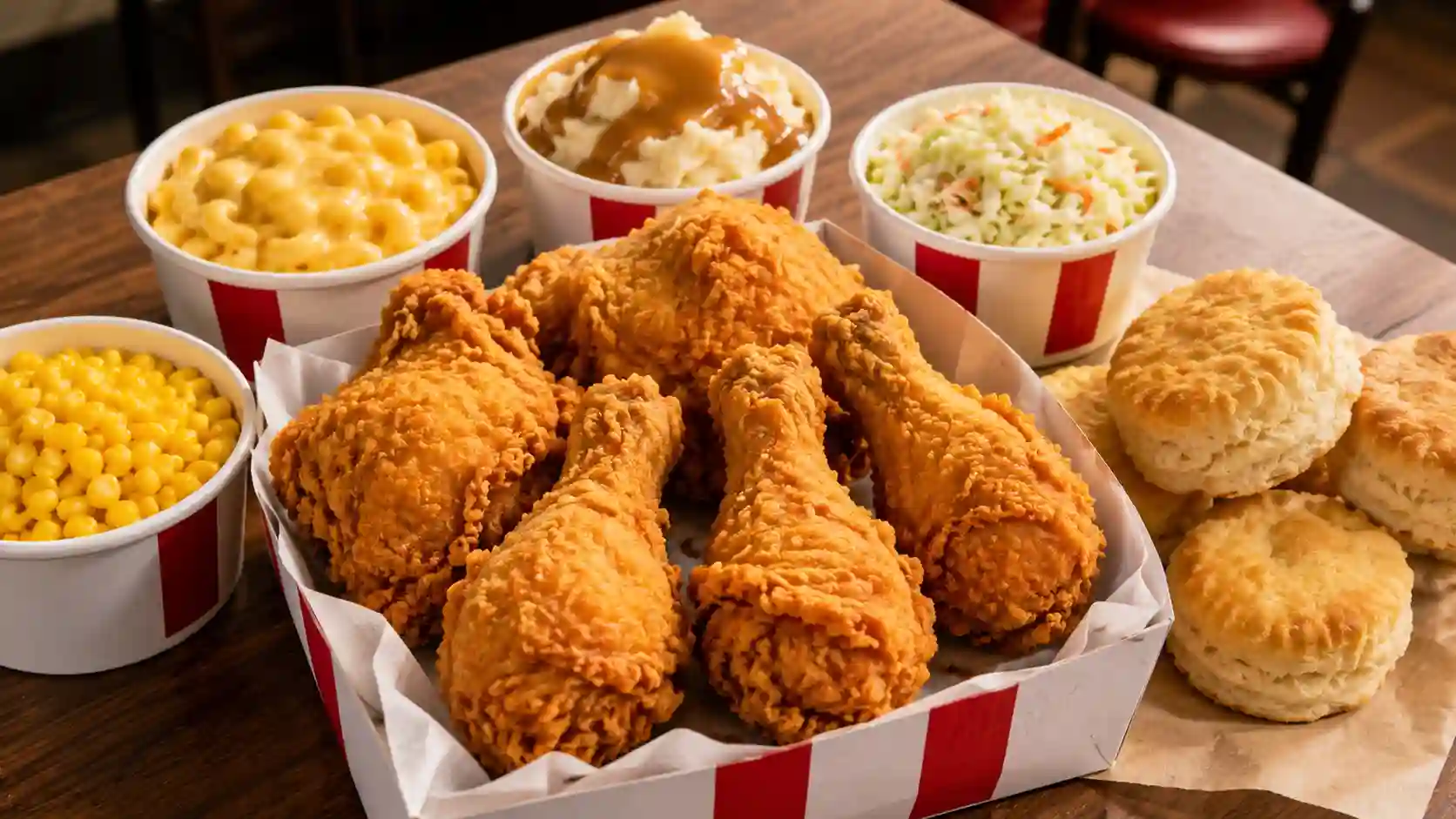 Taste of KFC 6 pc. Deal with fried chicken, biscuits, mac and cheese, mashed potatoes, coleslaw, and corn