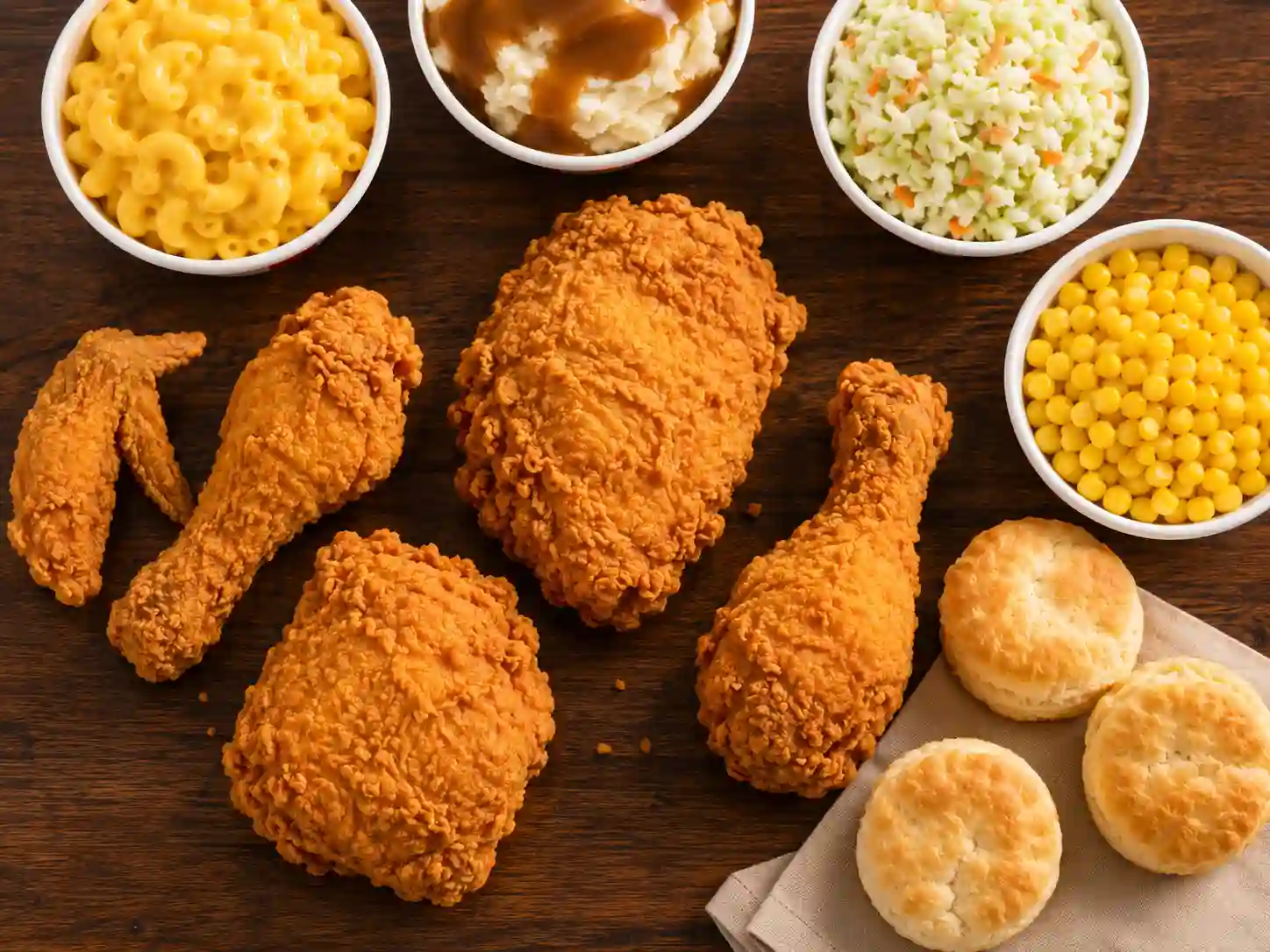 Included items in the Taste of KFC 6 piece deal with chicken pieces, sides, and biscuits