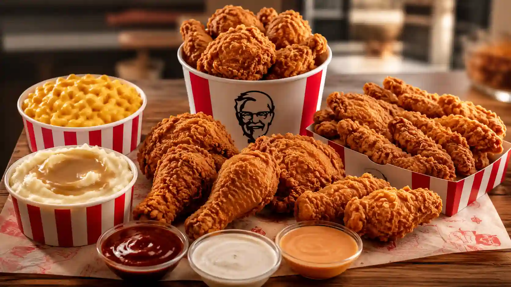 KFC Chicken and Tenders Feast with 6 pieces of fried chicken, 6 tenders, large sides, and dipping sauces