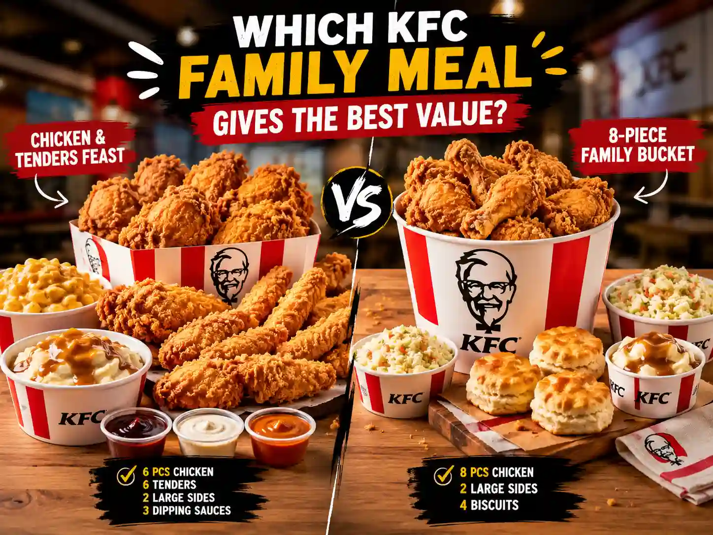 KFC Chicken and Tenders Feast compared with KFC Family Bucket meal showing chicken, tenders, sides, and sauces