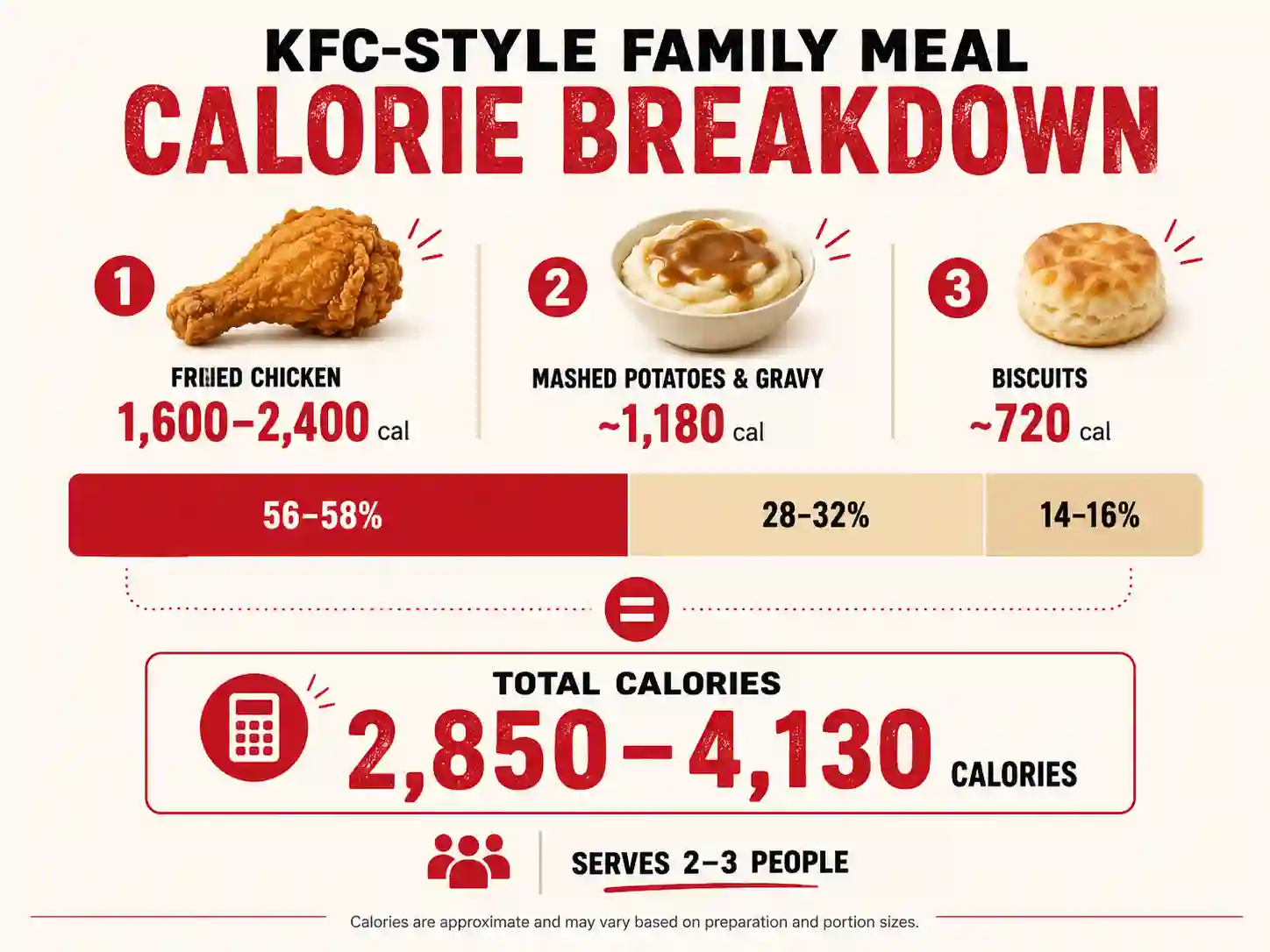 KFC Double Mash Meal calorie breakdown showing chicken, mashed potatoes, and biscuits totaling 2,850 to 4,130 calories