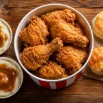 KFC Double Mash Meal with 7 pieces fried chicken, two mashed potatoes with gravy, and four biscuits