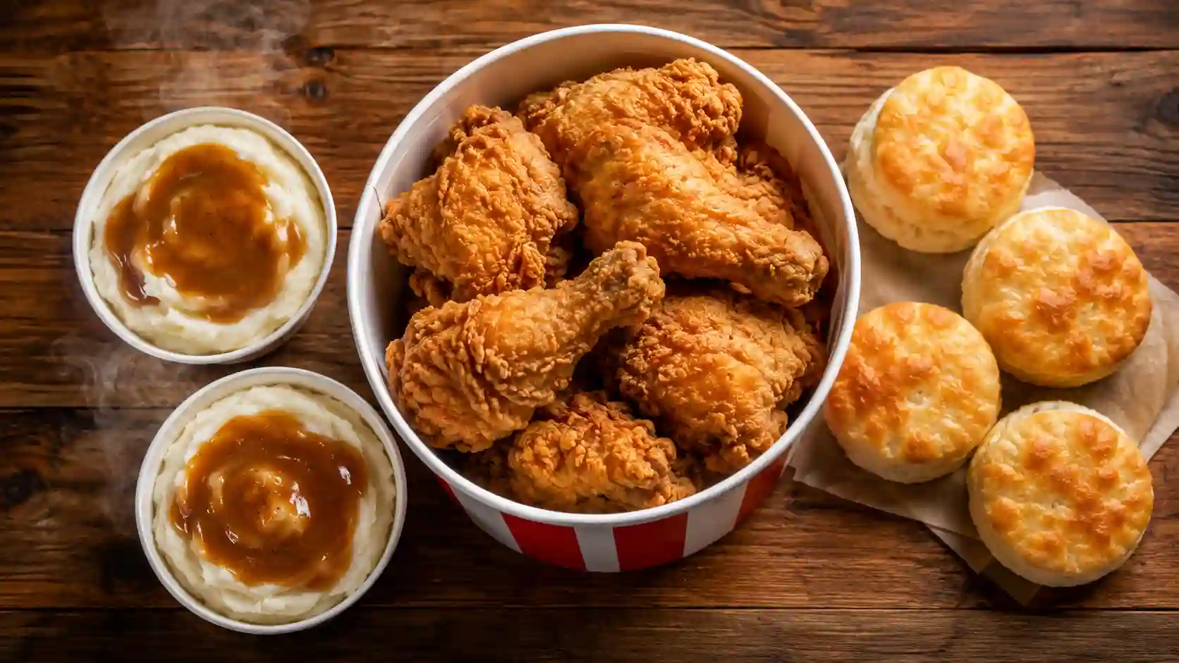 KFC Double Mash Meal with 7 pieces fried chicken, two mashed potatoes with gravy, and four biscuits
