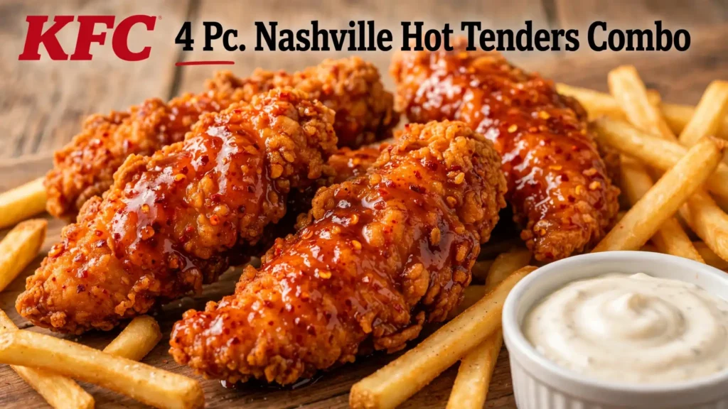Crispy Nashville Hot chicken tenders with a spicy glaze, french fries, and dipping sauce; text reads KFC 4 Pc. Nashville Hot Tenders Combo
