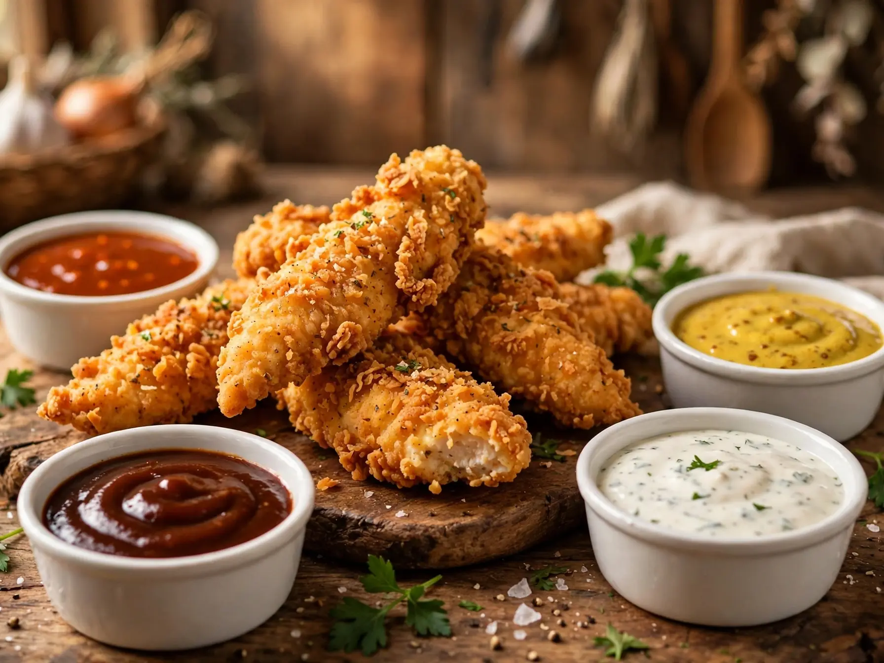 Crispy chicken tenders with barbecue, honey mustard, ranch and buffalo dipping sauces in white ramekins