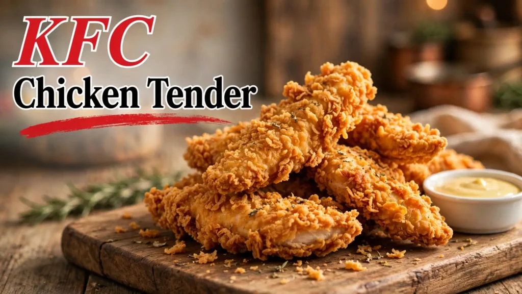Crispy golden KFC chicken tenders stacked on a rustic wooden board with dipping sauce