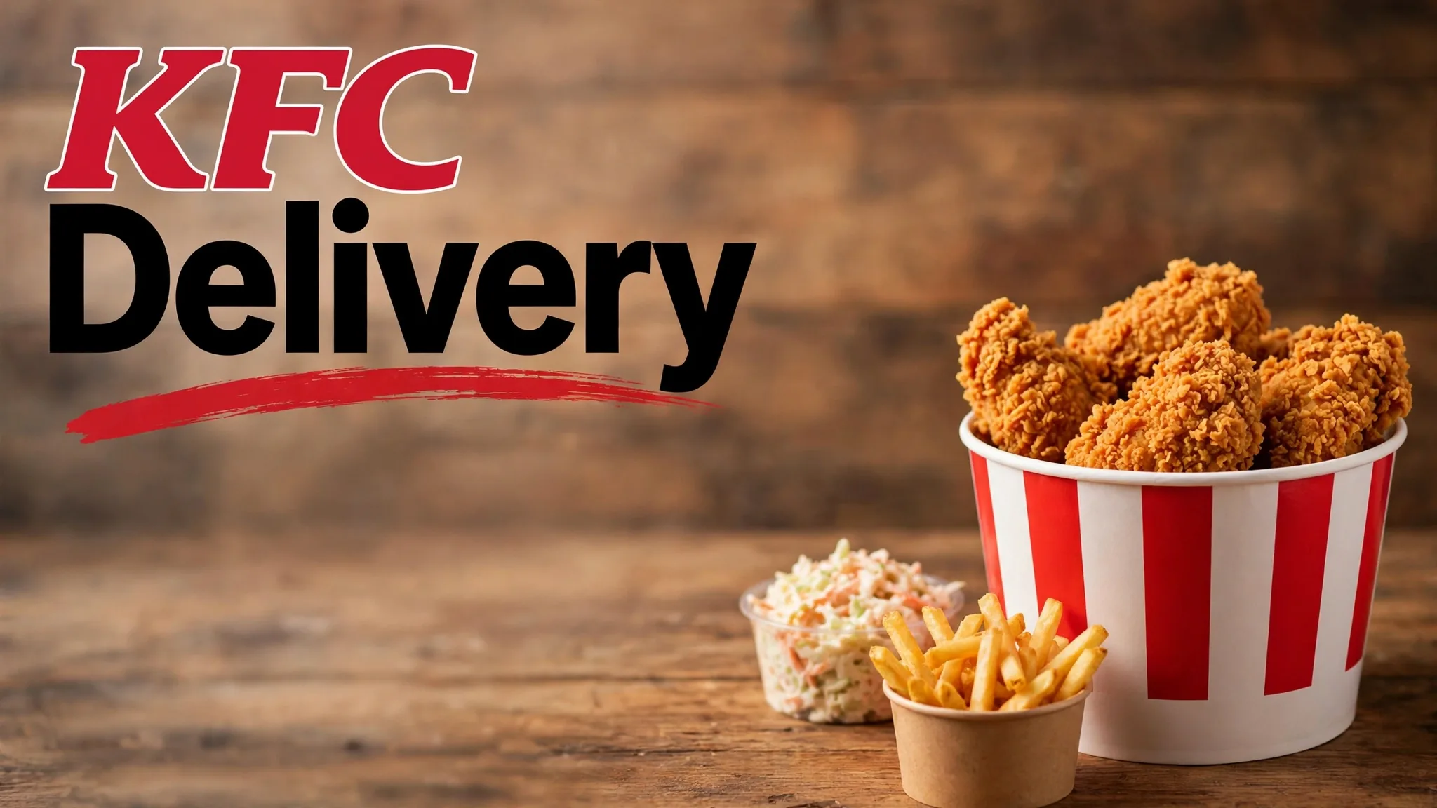KFC delivery: crispy fried chicken bucket with fries and coleslaw
