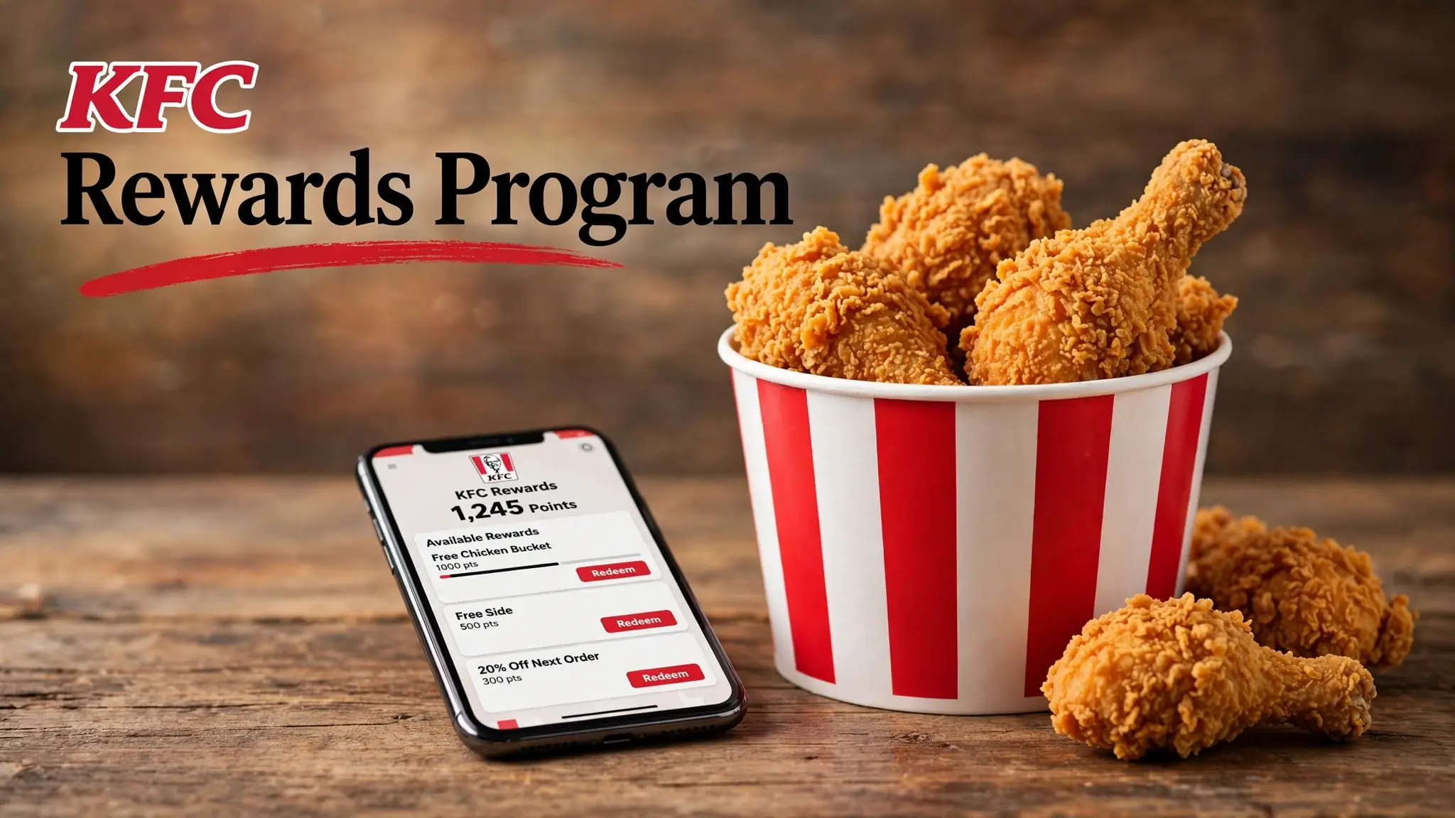 KFC rewards program concept showing fried chicken bucket and mobile app earning points for free food